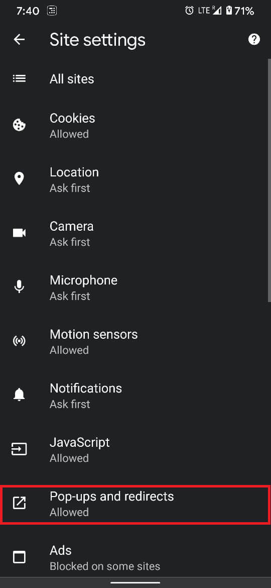 Within the ‘Site Settings' menu, tap on the ‘Pop-ups and redirects’ option. | How to Stop Pop-up Ads on Android