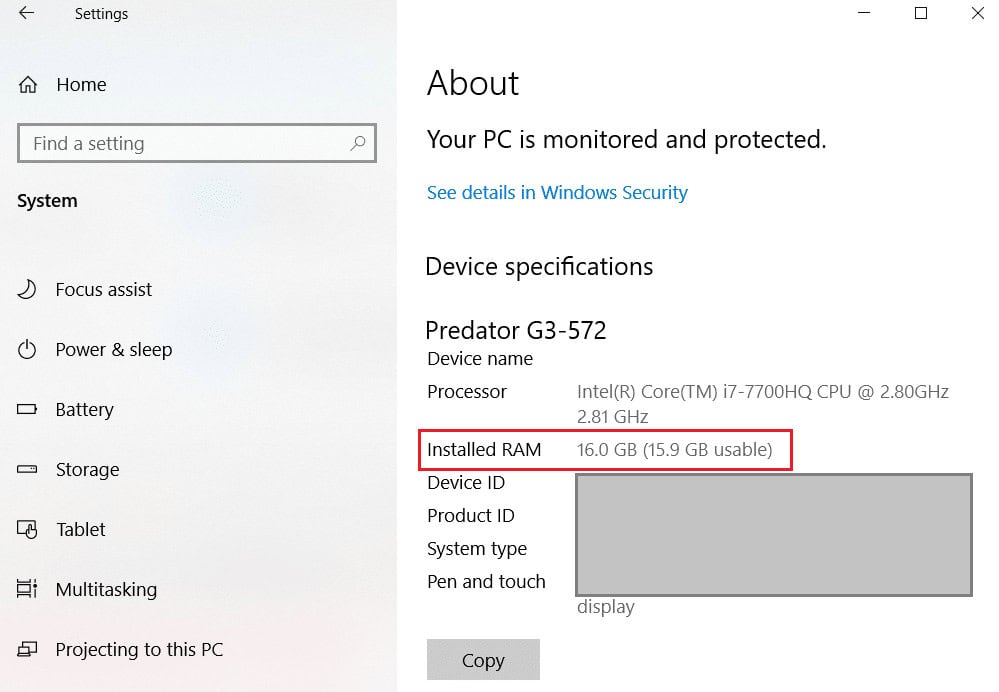 Check RAM installed on Windows 10 PC