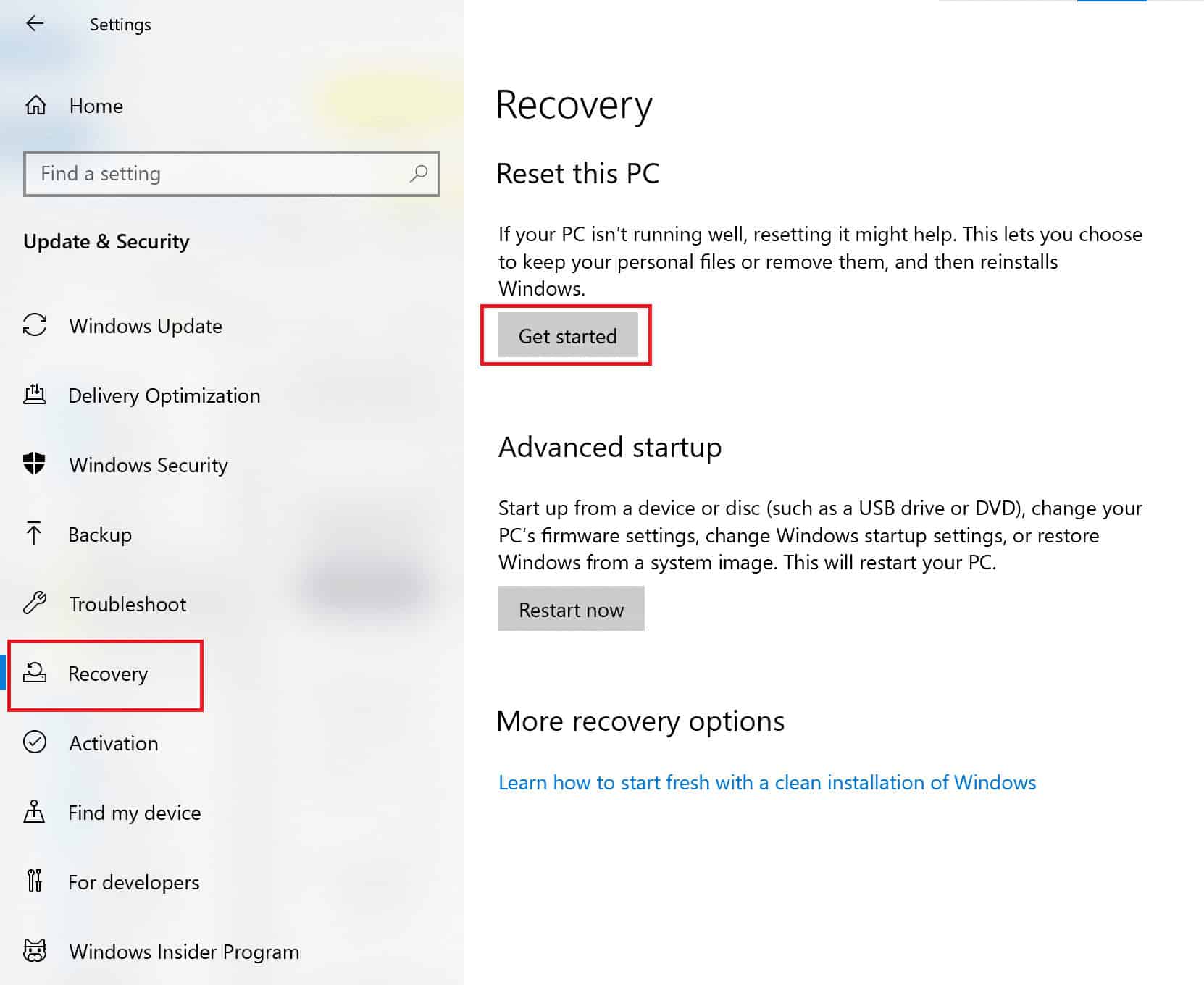Click on Recovery. Then, click on Restart Now under Advanced Startup