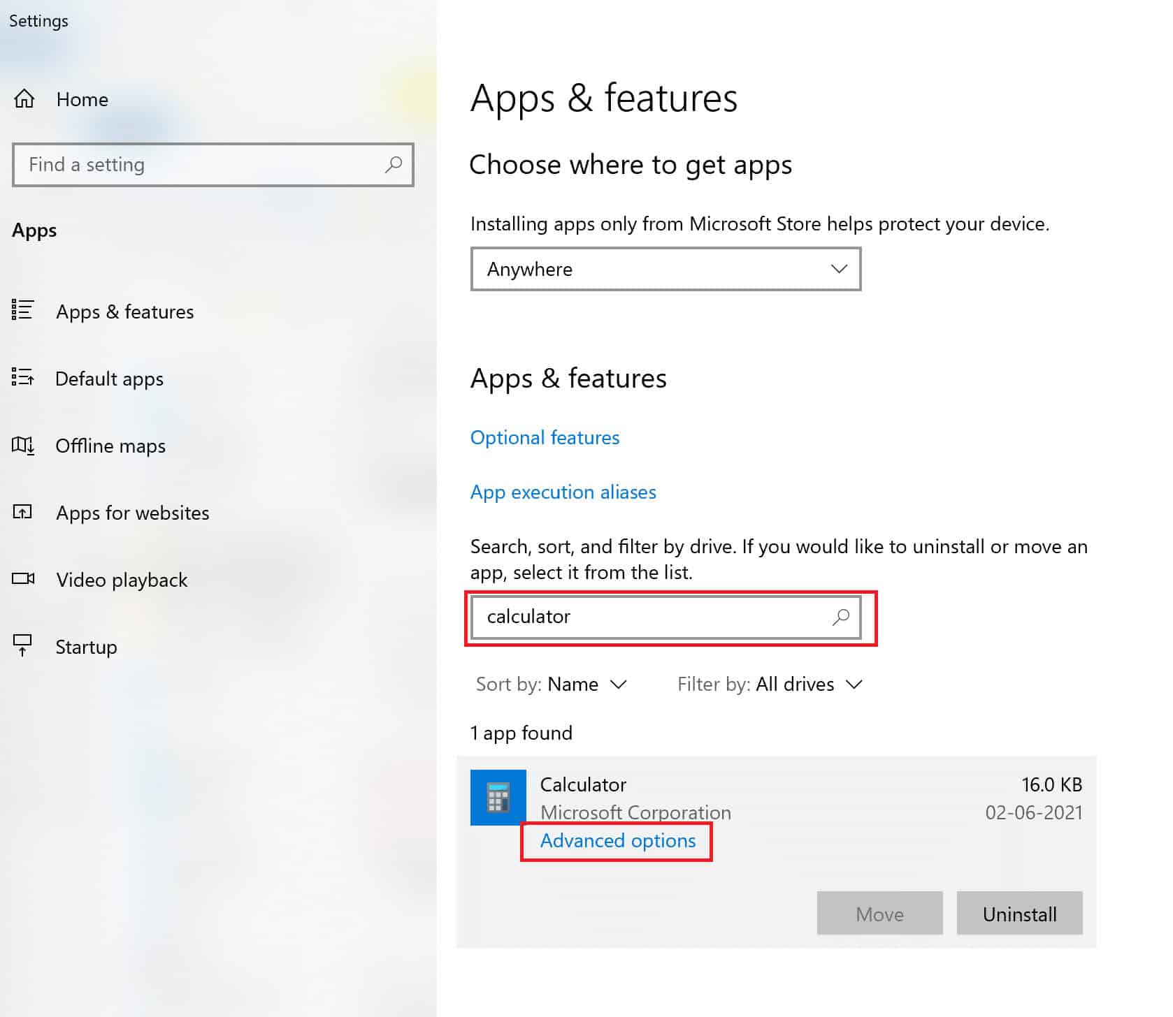 Click on the app and select Advanced options