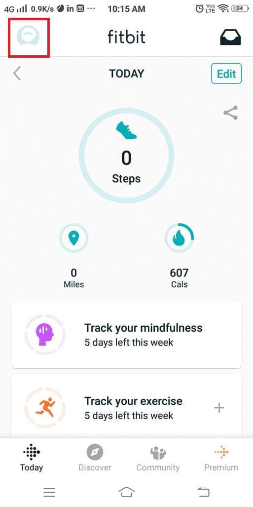 Tap the icon displayed at the top left corner of the Fitbit app home screen. | Fix Fitbit Not Syncing Issue