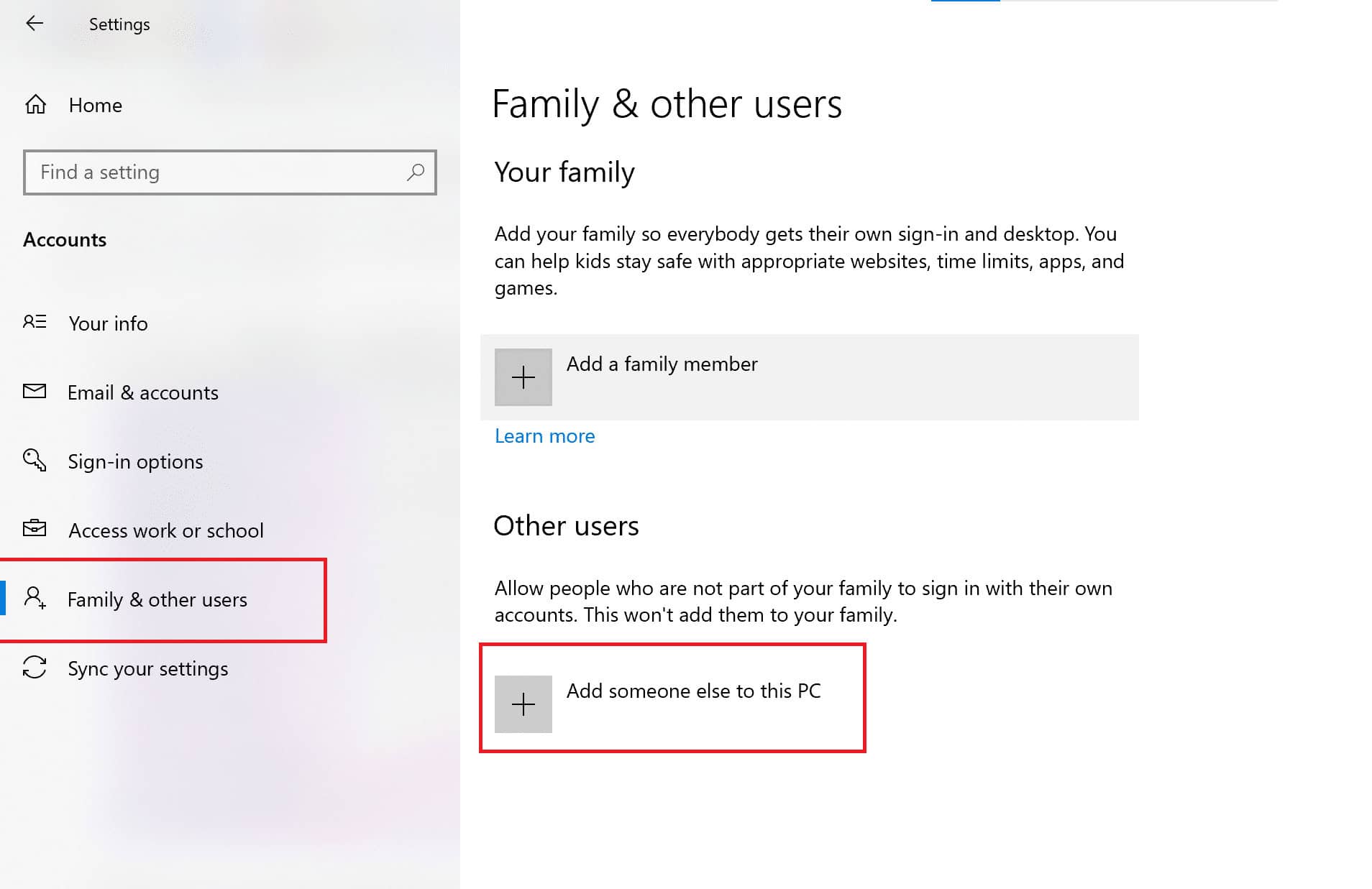 Click on Add someone else to this PC from the right side of the screen | Fix Microsoft Teams Keeps Restarting