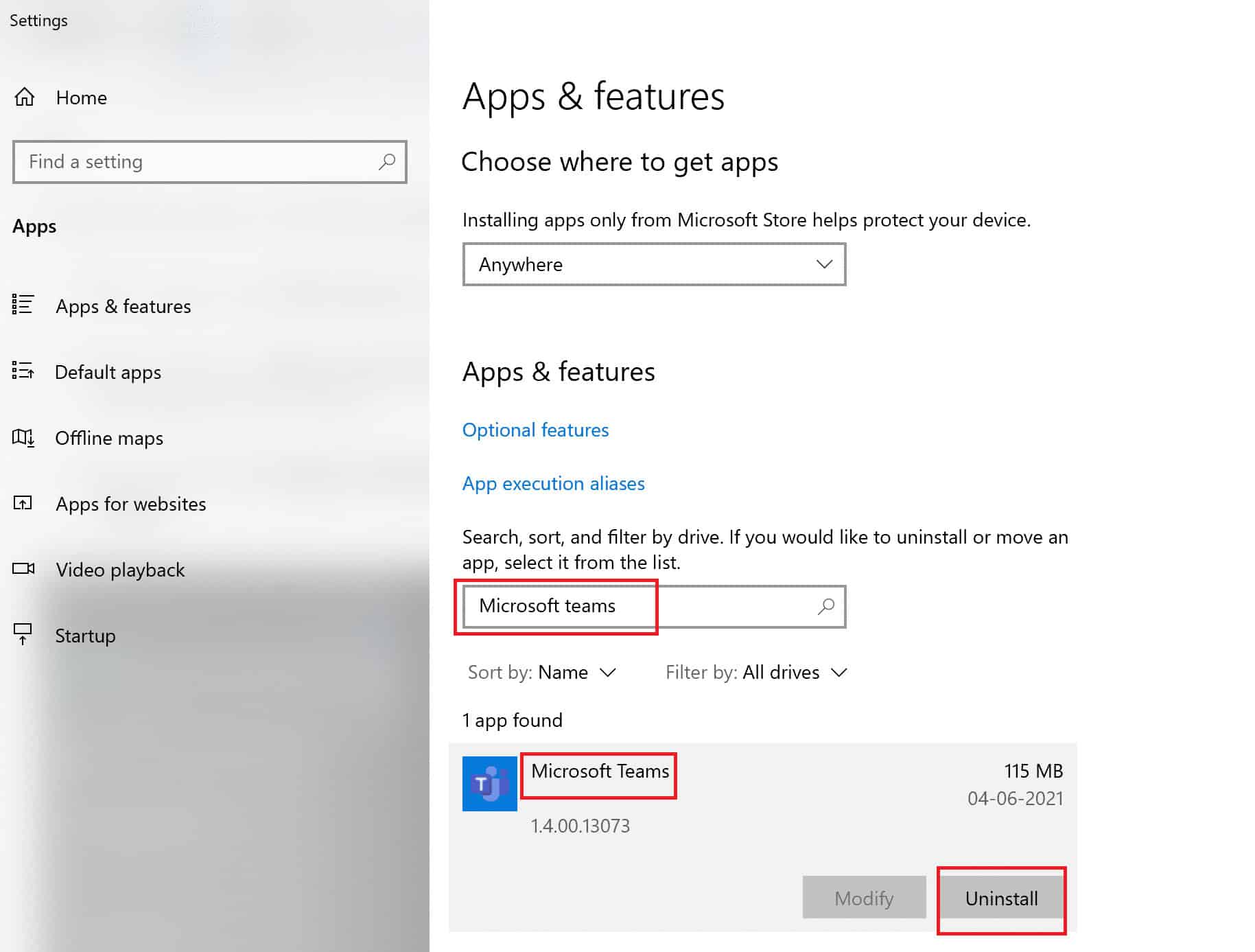 Click on the Teams application and then, click on Uninstall