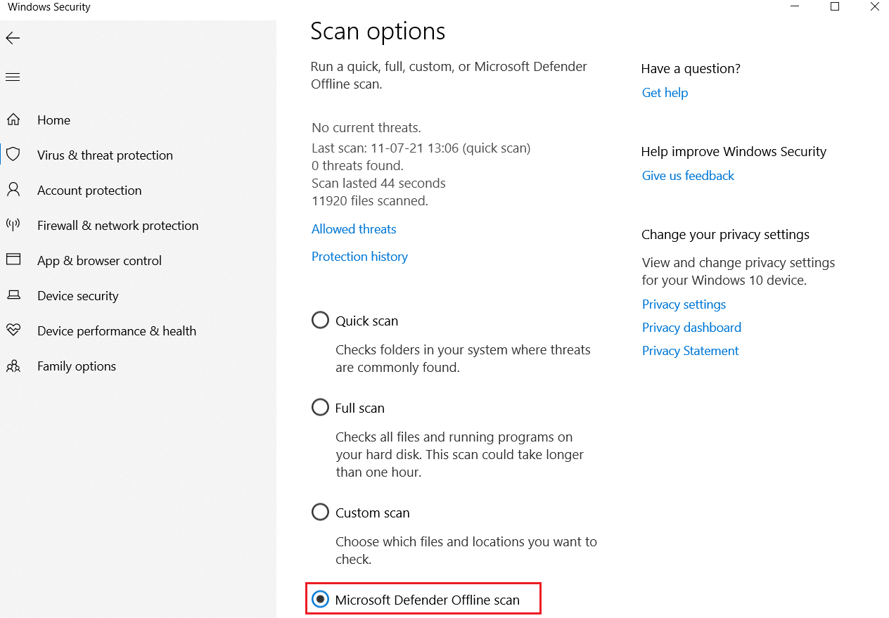 Windows Defender Offline Scan under Virus and threat protection Scan Options