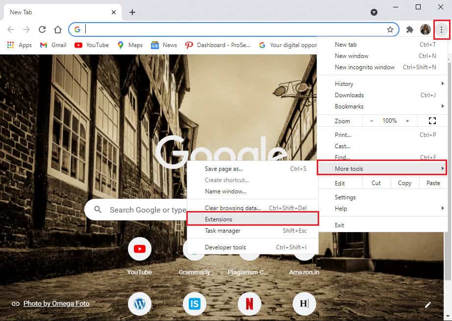 Move your cursor over the more tools option and select extensions | Fix Tumblr Images Not Loading Error
