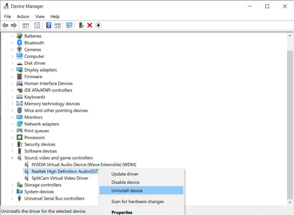  Haga clic con el botón derecho en Dispositivo de audio de alta definición y seleccione Desinstalar dispositivo / Reparar HDMI Sin sonido en Windows 10 Cuando se conecta al televisor