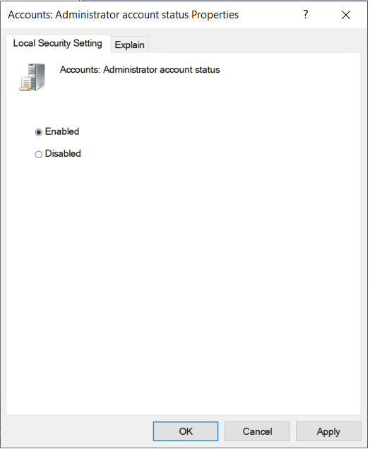 Check the Enable box to enable the setting. | Enable or Disable Administrator Account in Windows 10