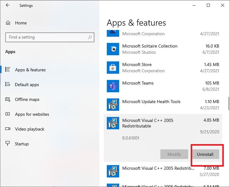 Select Microsoft Visual C++ and click Uninstall
