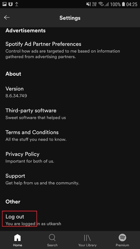 tap the Log out option | Fixed: Spotify Search Not Working