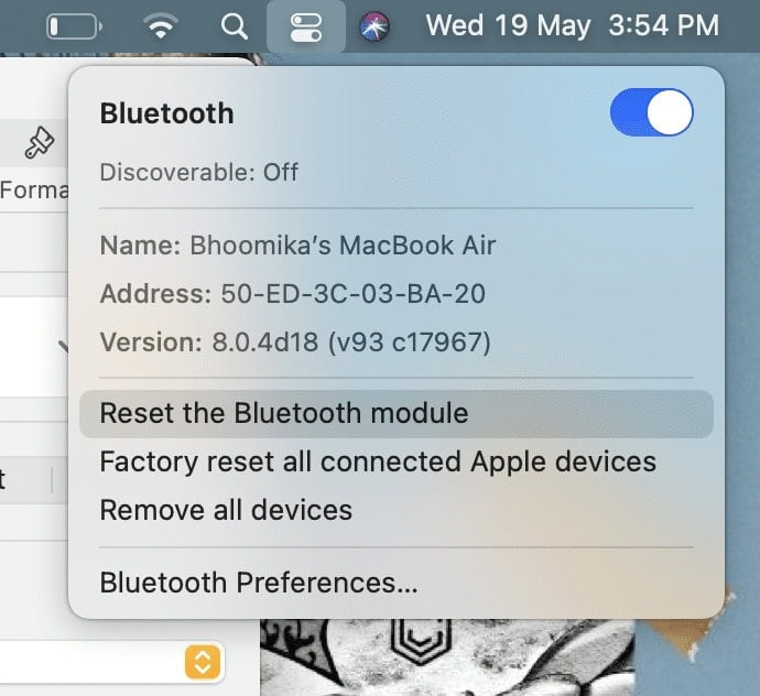 Click on Reset the Bluetooth module. macOS Big Sur Problems