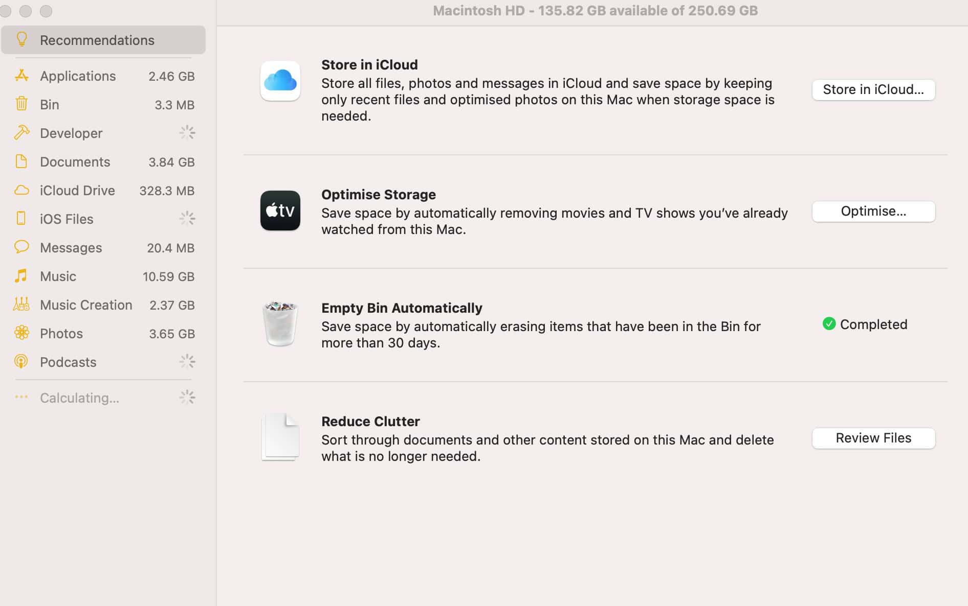 List of options displayed on the screen to optimize the storage space. Fix Slow Startup Mac