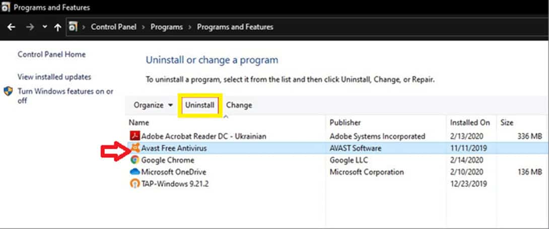 Select Avast Free Antivirus and click on Uninstall.