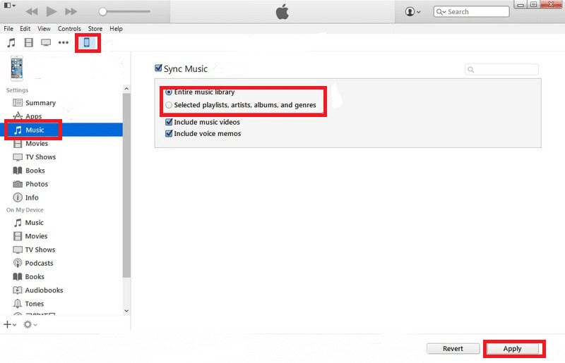 Click on Apply to transfer the songs from iTunes library to iPhone/iPod/iPad.