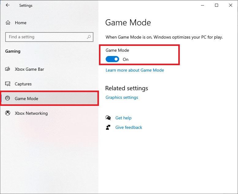 Now, click on Game Mode from the left pane and toggle ON the Game Mode setting.