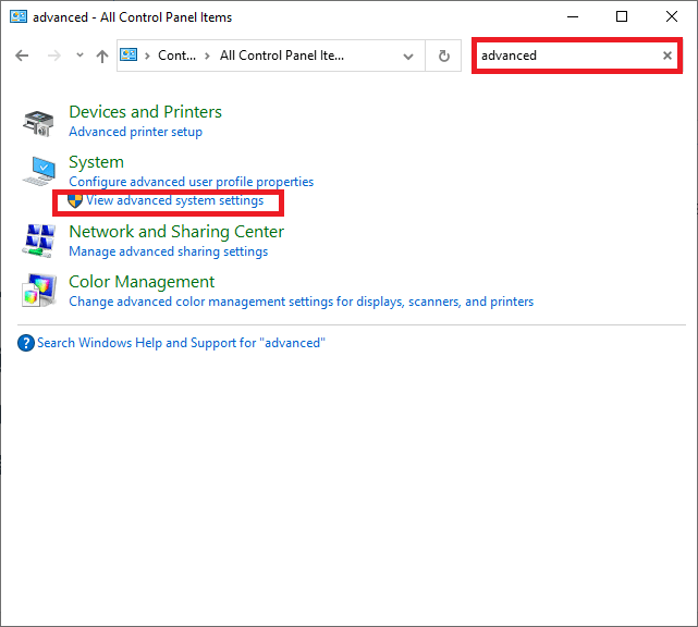 Now, type advanced in the search box of the control panel and click on View advanced system settings