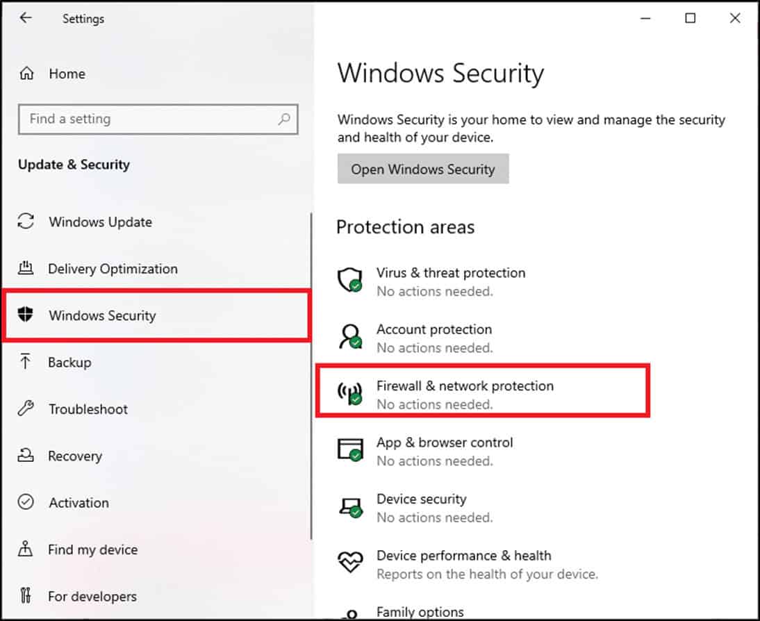 Select the Windows Security option from the left pane and click on Firewall & network protection