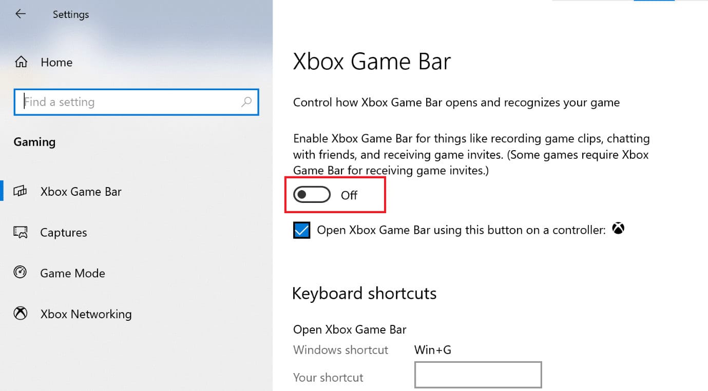 Toggle off the Xbox Game Bar