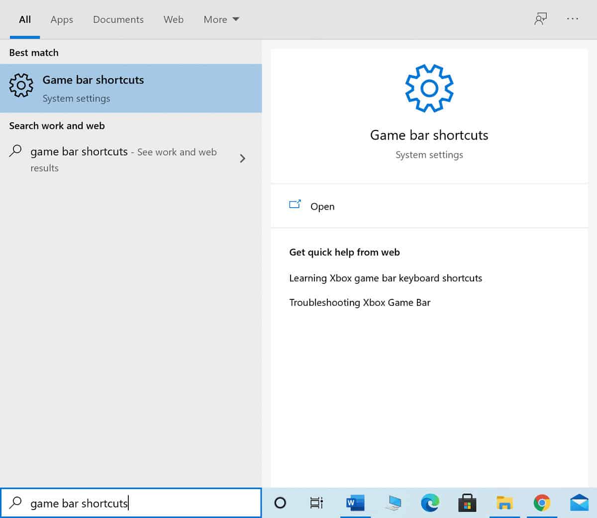 Type Game bar shortcuts in the Windows search box and launch it