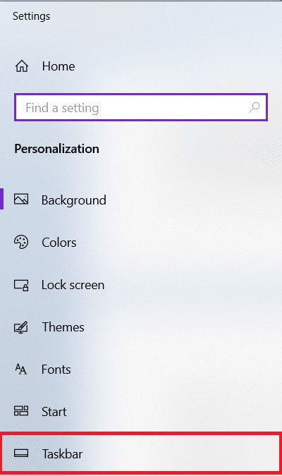 select taskbar in personalize settings