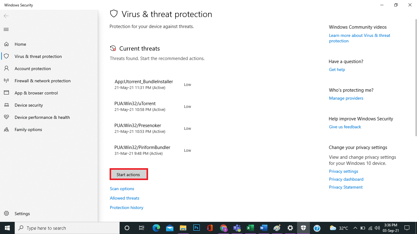 Click on Start Actions under Current threats. 