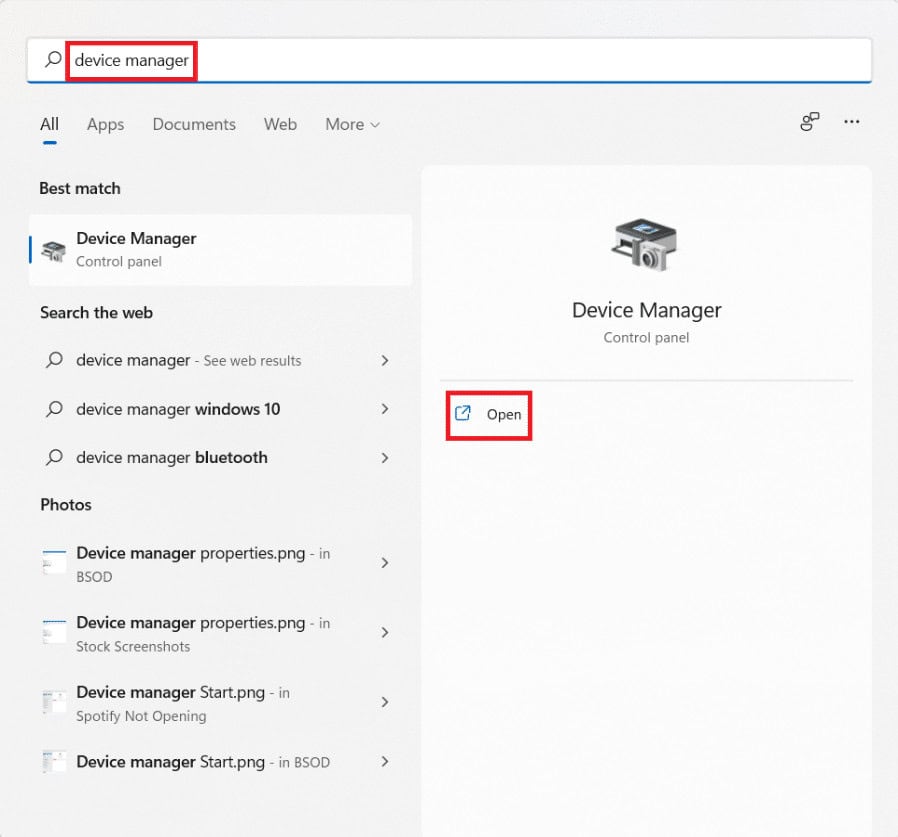 type Device manager in Start menu search and click Open Windows 11.
