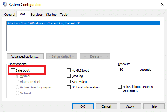  Di sini, centang kotak Safe boot di bawah Boot options dan klik OK.