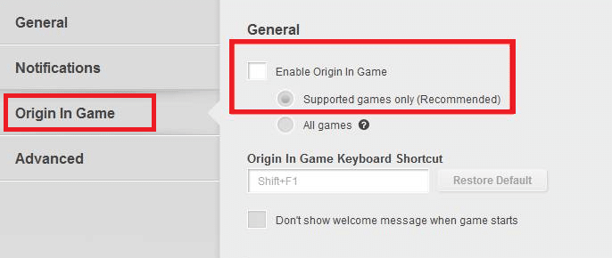  Di sini, klik Origin In-Game dari panel kiri dan hapus centang pada kotak Aktifkan opsi Origin In Game