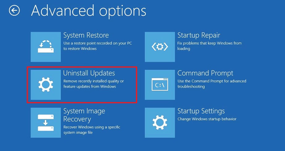 Now, click on Advanced options followed by Uninstall Updates.