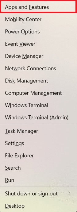 select apps and features option in Quick Link menu