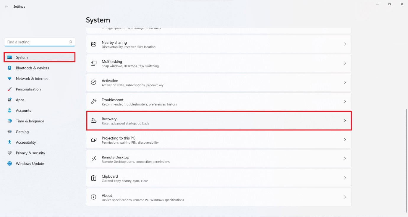 click on Recovery option in system settings. how to repair Windows 11 with SFC and DISM
