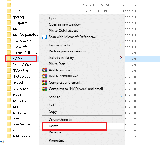 Right click NVIDIA folder and delete.