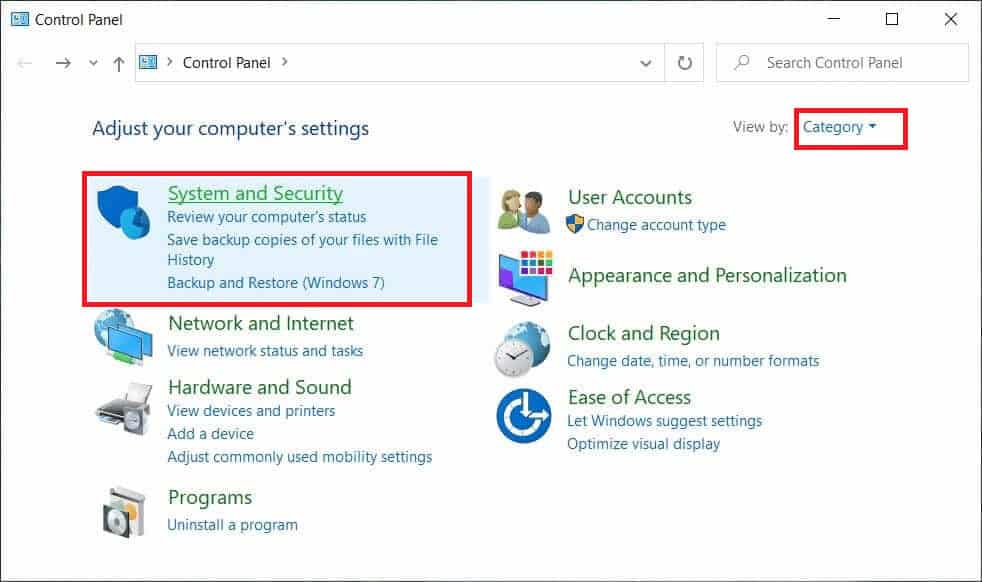 select View by as Category and click on System and Security.