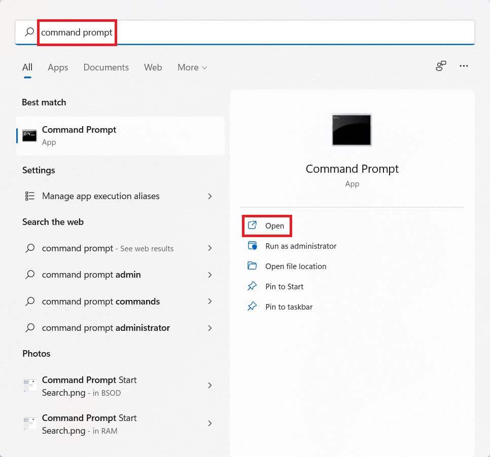 Start menu search results for command prompt