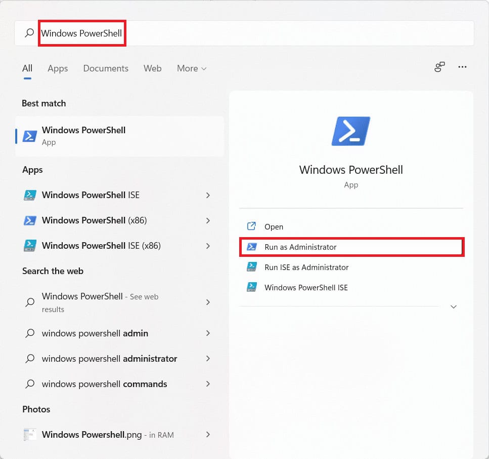 Start menu search results for Windows PowerShell
