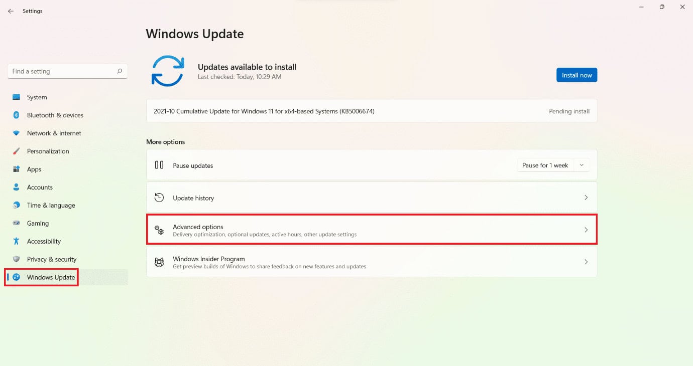 Advanced option in Windows update section of Settings windows | How to increase internet speed on Windows 11