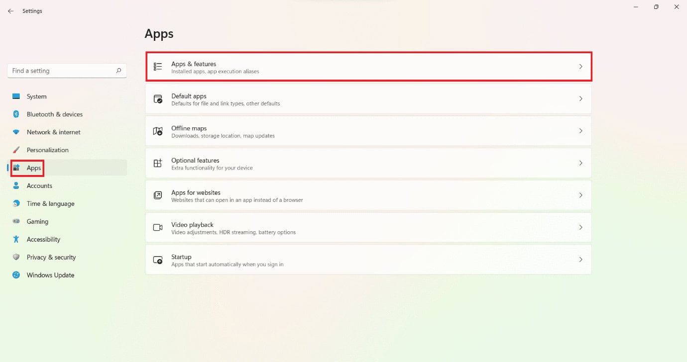 Apps section in the settings window.