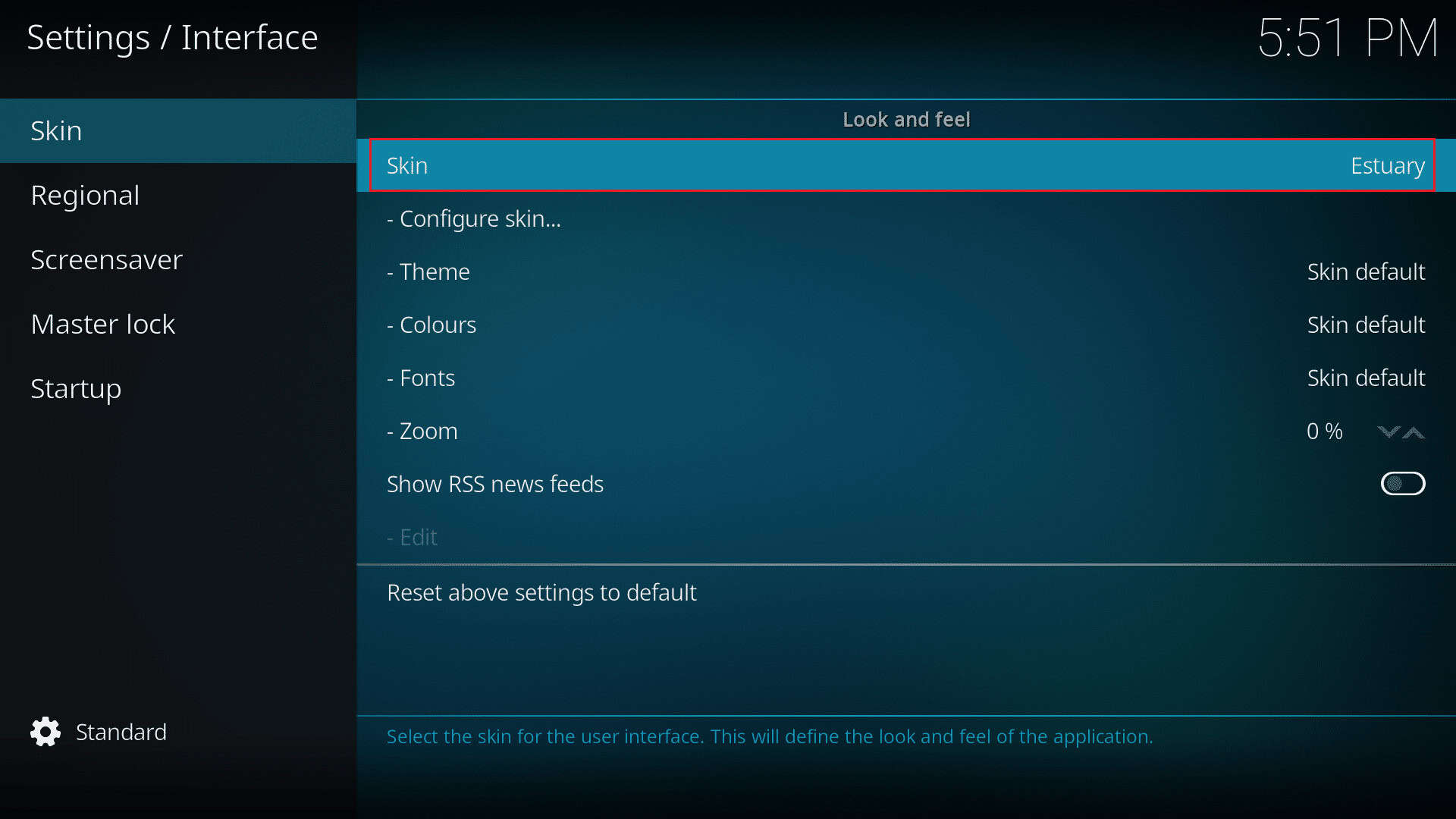 click on Skin option in Kodi app