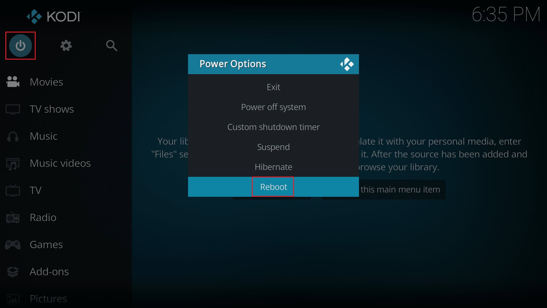 click on power icon and select reboot option