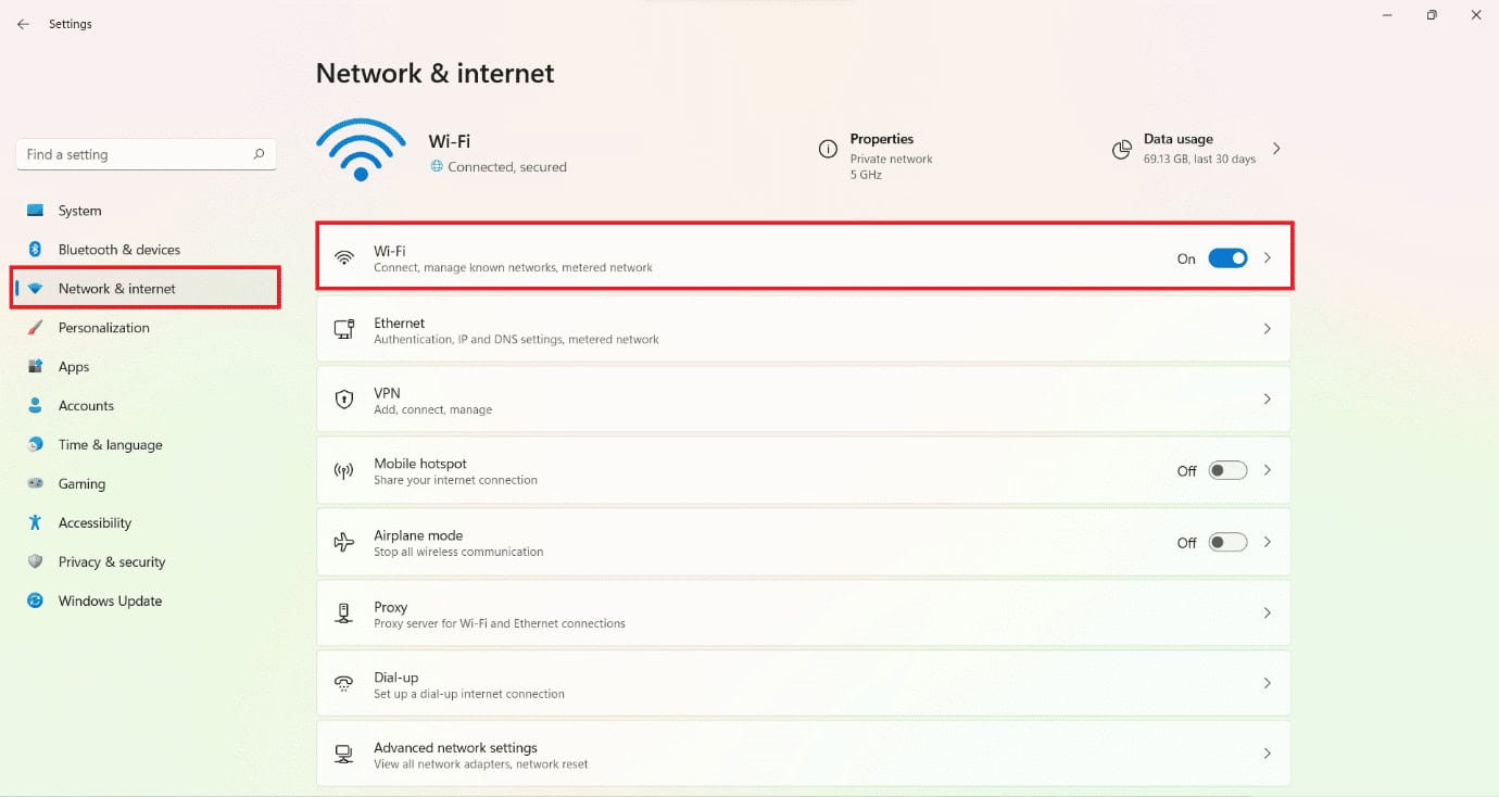 Network & internet section in the Settings.