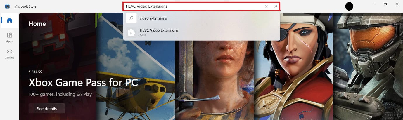 Search bar in Microsoft Store app. How to install & open HEVC Codecs in Windows 11