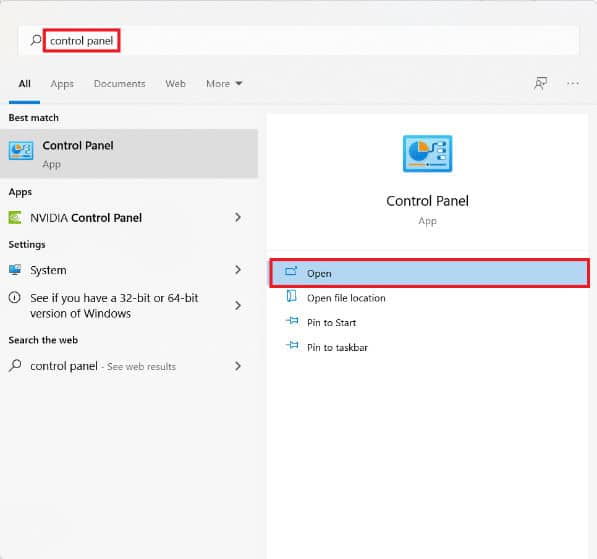 Start menu result for control panel