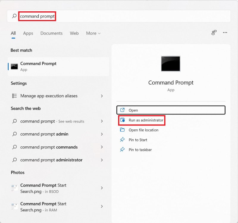 Start menu search result for command prompt. How to change pin in Windows 11