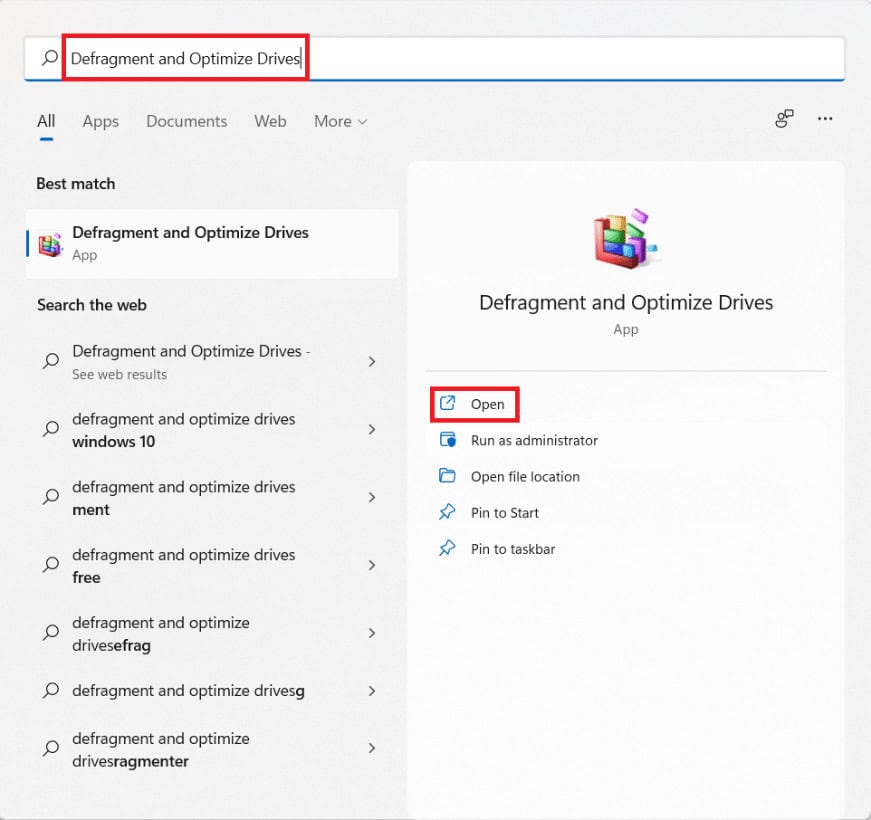 Start menu search result for Defragment and Optimize Drives