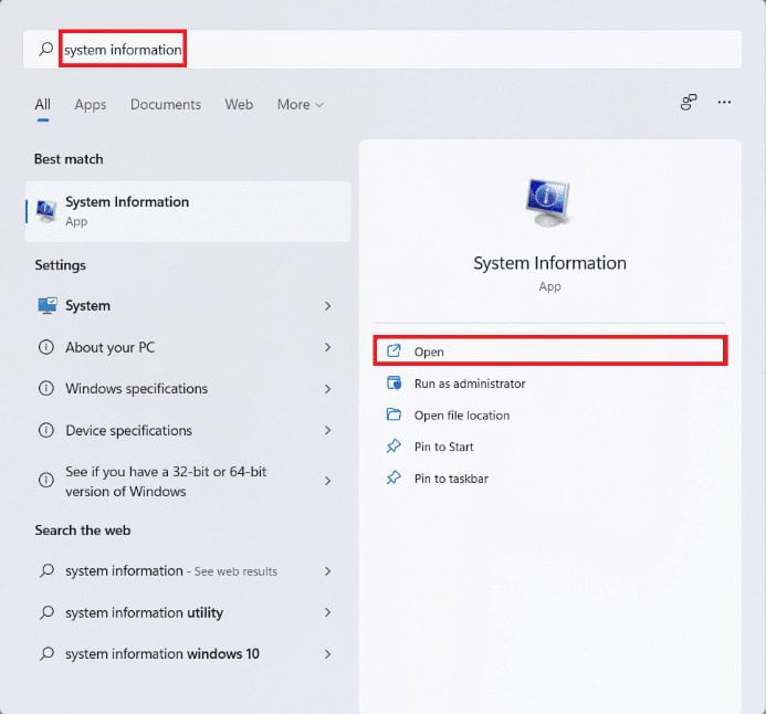 Start menu search result for System information
