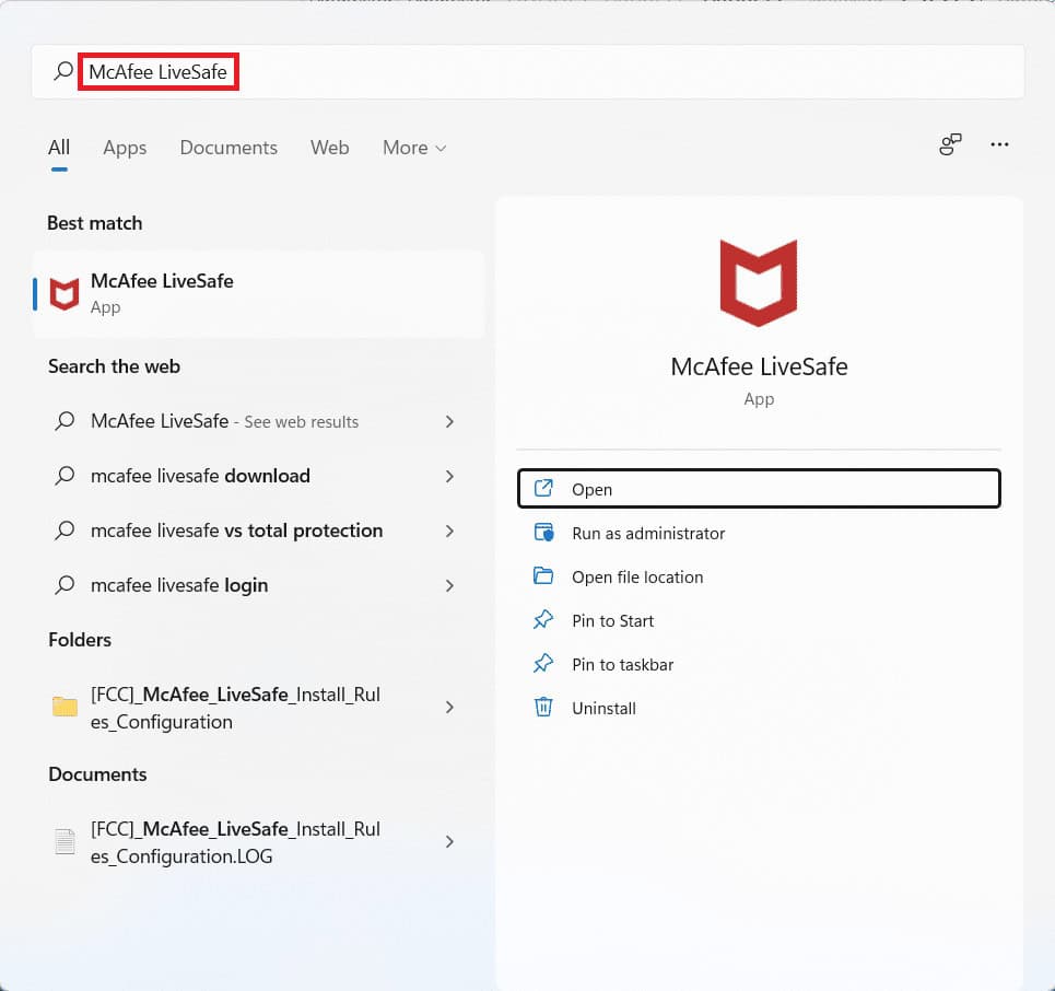 Start menu search results for McAfee | How to increase internet speed on Windows 11