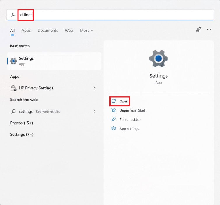 Start menu search results for settings