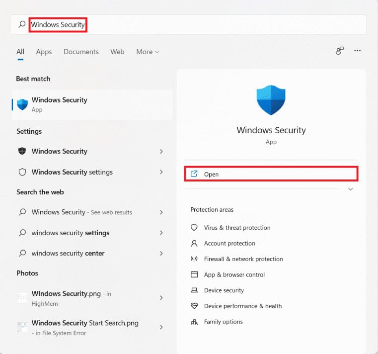 Start menu search results for Windows security