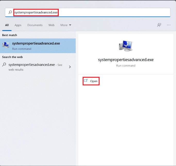 Start search results for Systempropertiesadvanced.exe