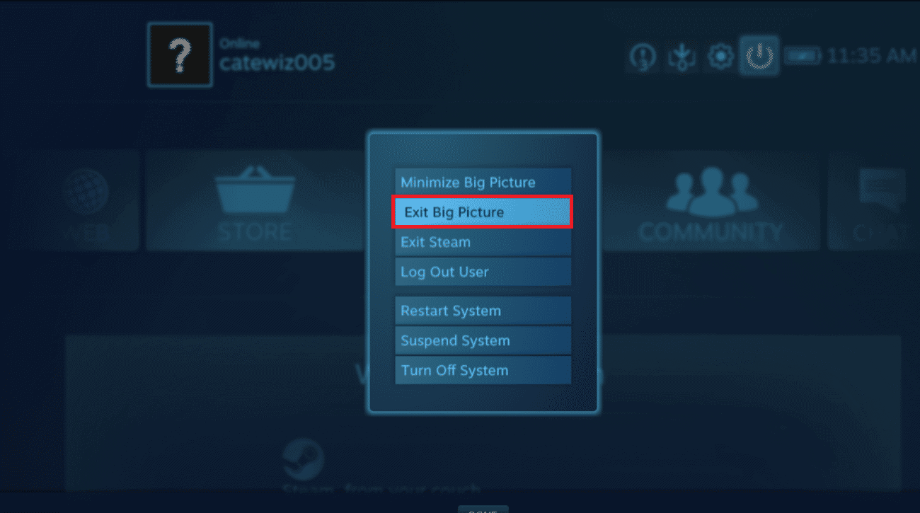  Pilih Keluar Gambar Besar dari menu. Steam akan mati