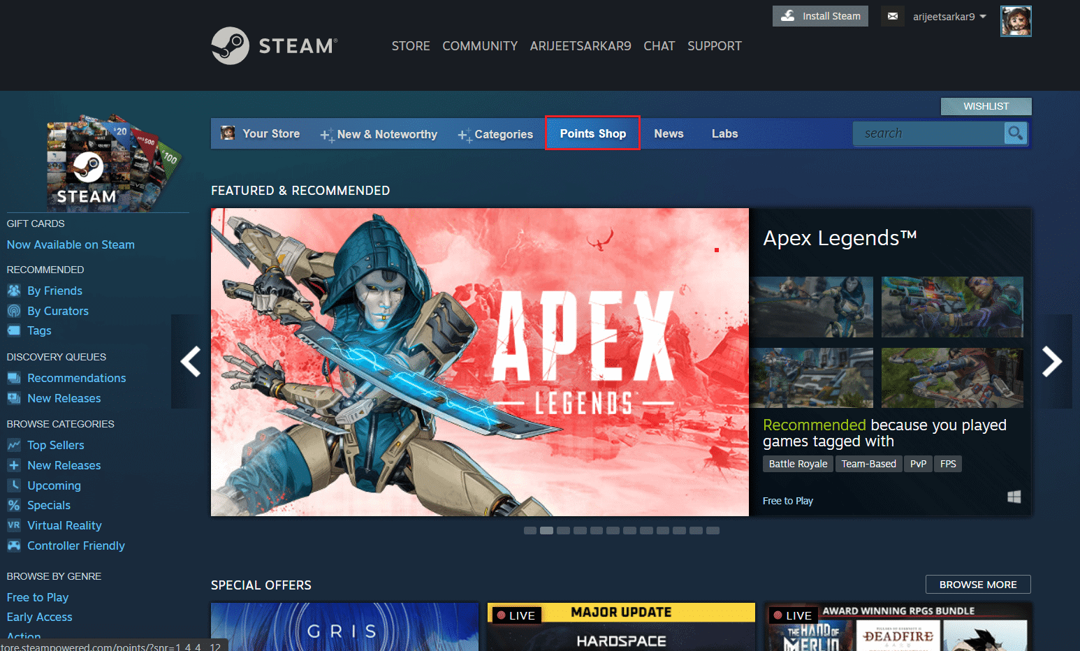  klik tombol Points Shop di halaman Steam Store di browser